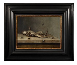 Rob and Nick Carter, Transforming Vanitas Painting, 2013 after Ambrosius Bosschaert the Younger, Dead Frog with Flies, c.1630, In collaboration with MPC.   3 hour looped film, frame & 21.5in Apple iMac, edition of 12 + 5 artistsï¿½ proofs. ï¿½ Rob and Nick Carter, Courtesy of The Fine Art Society and MPC